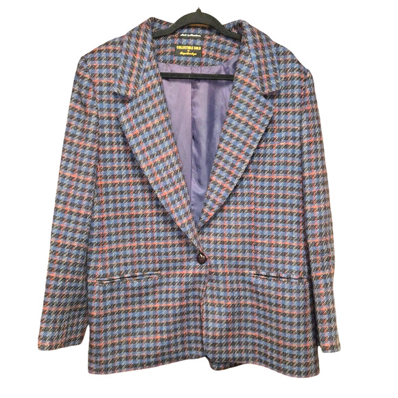 Collectible Gold Giorgio Sant Angelo Womens Size 14 Blazer Plaid Wool Blue Red - Picture 1 of 13